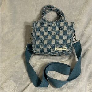 Blue Denim Checkered Crossbody Bag with Adjustable Strap